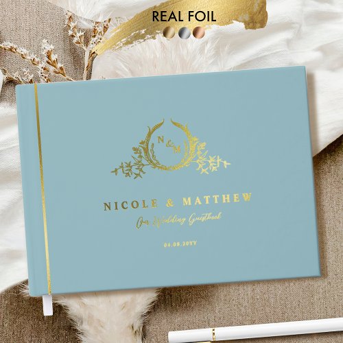 Elegant Sea Glass and Real Foil Monogram Wedding Foil Guest Book