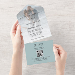 Elegant Sea Glass Dusty Blue Beach Wedding QR Code All In One Invitation