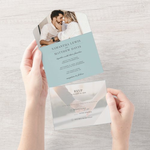 Elegant Sea Glass Dusty Blue Couple Photo Wedding All In One Invitation