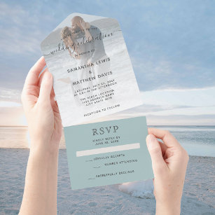 Elegant Sea Glass Dusty Blue Photo Beach Wedding All In One Invitation