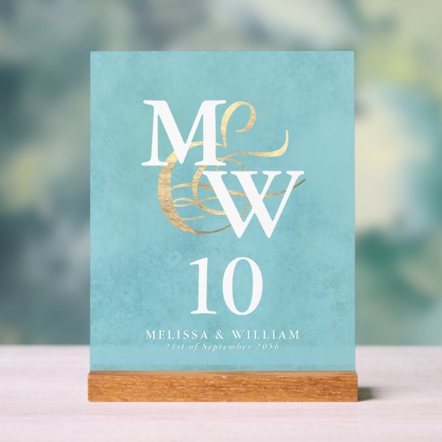 Elegant Sea Glass Monogram Wedding Table Number Acrylic Sign (Neutral)