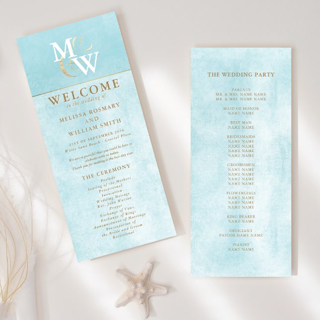 Elegant Sea Glass Teal Monogram Wedding Program (Creator Uploaded)
