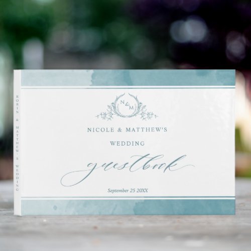 Elegant Sea Glass Watercolor Monogram Wedding Guest Book