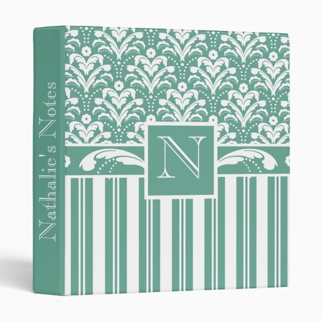 Elegant Sea Green Damask with Your Monogram 3 Ring Binder (Front/Spine)