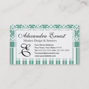 Elegant Sea Green Damask with Your Monogram Business Card