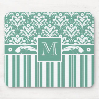 Elegant Sea Green Damask with Your Monogram Mouse Pad