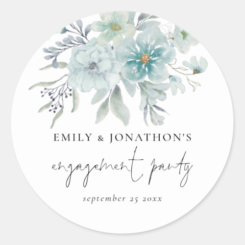 Elegant Sea Mist Teal Blue Floral Engagement Party Classic Round Sticker