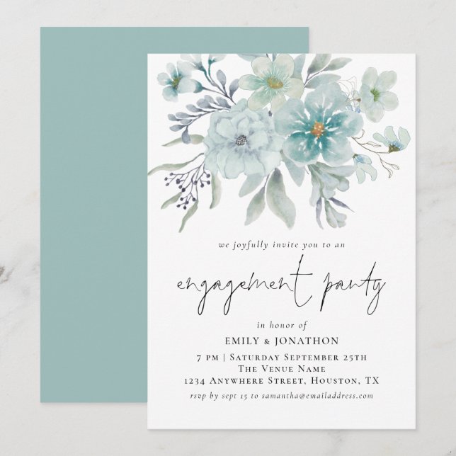 Elegant Sea Mist Teal Florals Engagement Party Invitation (Front/Back)