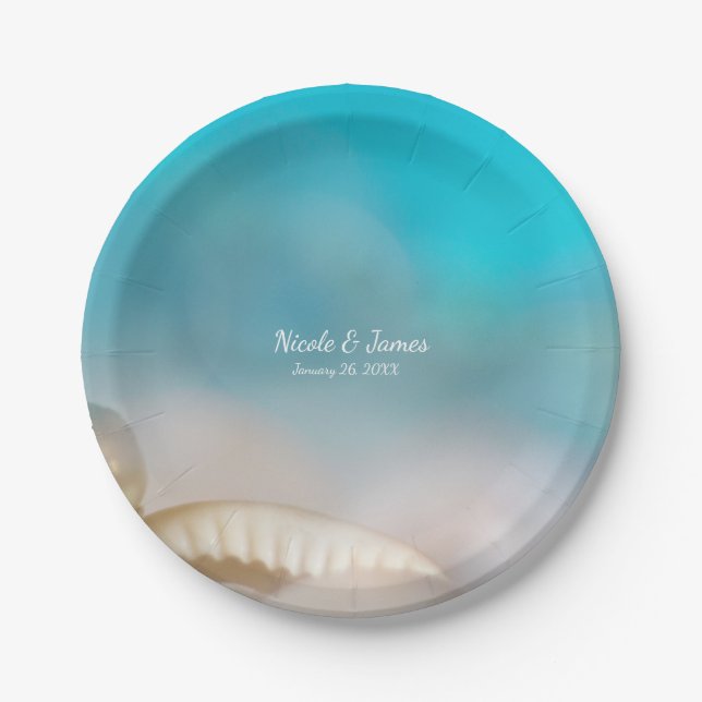 Elegant Sea Shells Blue Tropical Beach Wedding Paper Plates (Front)