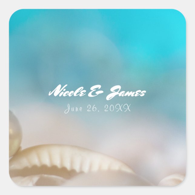 Elegant Sea Shells Blue Tropical Beach Wedding Square Sticker (Front)