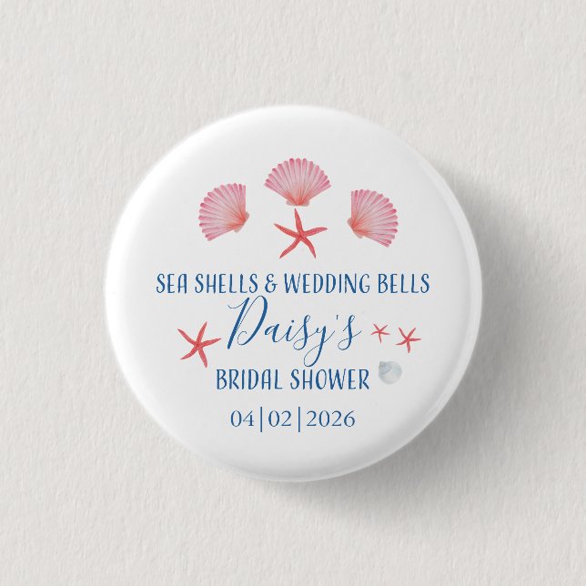 Elegant Sea shells & wedding bells Bridal shower Button (Front)