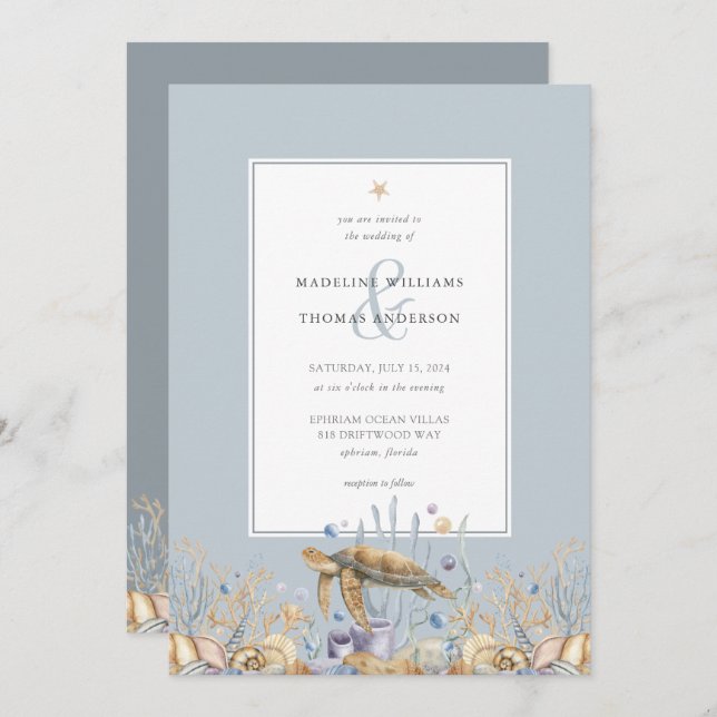 Elegant Sea Turtle Ocean Wedding Invitation (Front/Back)
