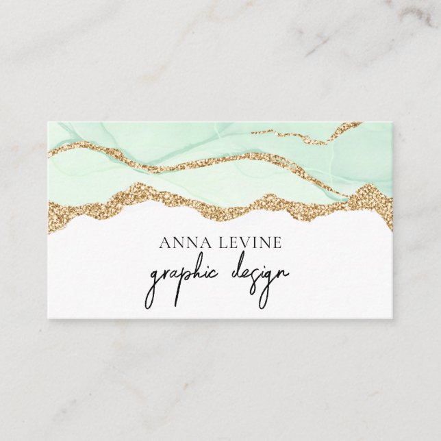 Elegant Seafoam Green Agate and Gold Business Card (Front)