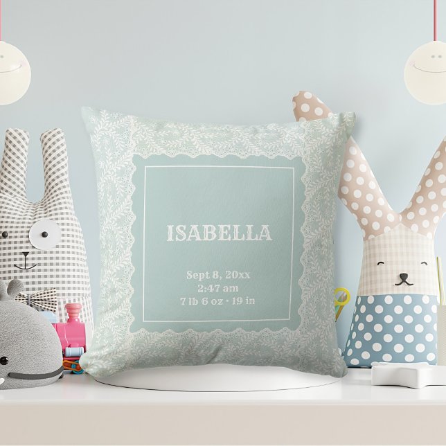 Elegant Seafoam Green Faux Lace Boy Girl Nursery Throw Pillow (newborn baby throw pillow with name and stats in seafoam green with lace)