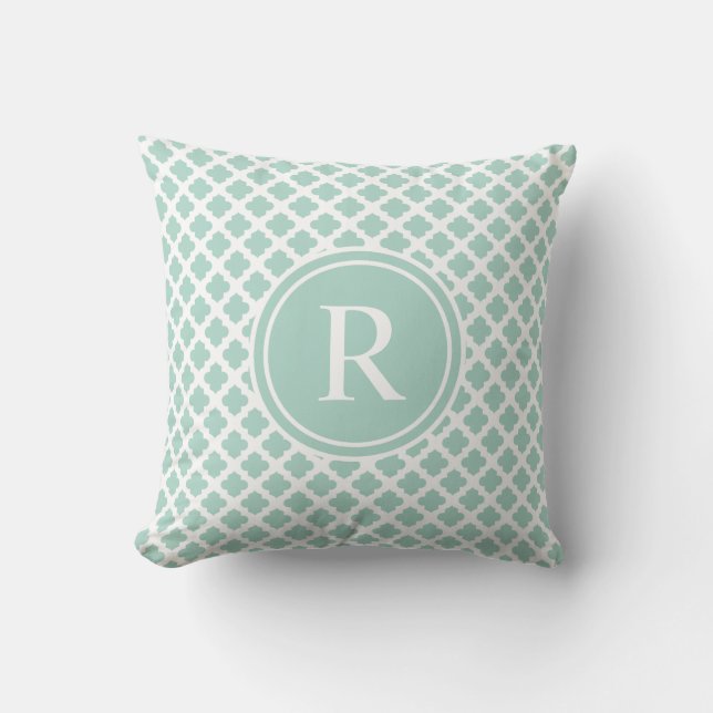 Elegant Seafoam Mint Quatrefoil Monogram Throw Pillow (Front)
