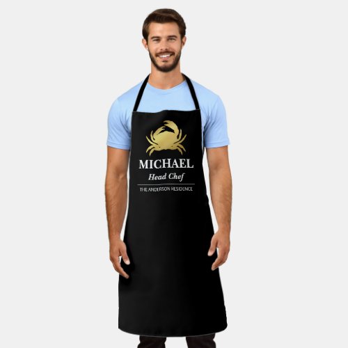 Elegant Seafood Gold Crab Name Chef Apron - Seafood chef/cook apron featuring a faux gold foil silhouette of a crab, your first name, the words "head chef", and your family name.