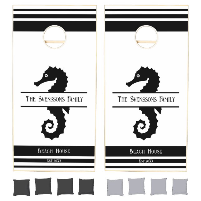 Elegant Seahorse Family Black & White Beach House  Cornhole Set (Set)