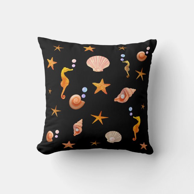 Elegant seahorses, shells & sea stars on black throw pillow (Front)