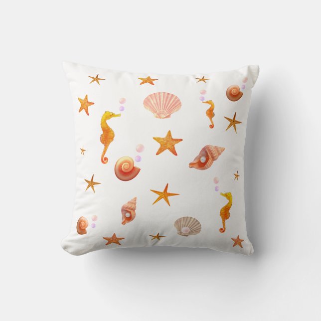Elegant seahorses, shells & sea stars on white throw pillow (Front)