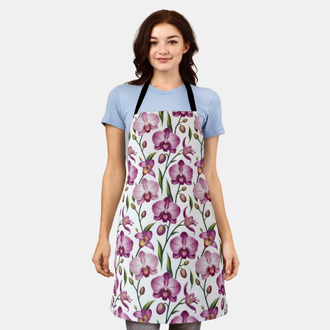 Elegant Seamless Pattern of Purple and Pink Orchid Apron (Worn)