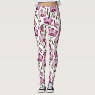 Elegant Seamless Pattern of Purple and Pink Orchid Leggings