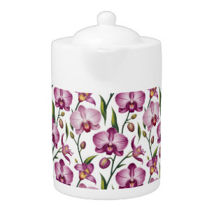 Elegant Seamless Pattern of Purple and Pink Orchid Teapot