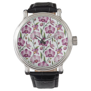 Elegant Seamless Pattern of Purple and Pink Orchid Watch