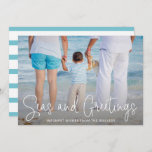 Elegant Seas and Greetings Beach Photo Christmas Holiday Card<br><div class="desc">Send out holiday cheer with this nautical themed flat Christmas card featuring a simple design with the words "Seas and Greetings" in an elegant thin white script,  along with your message over your favorite horizontal beach vacation photo.  The backside has aqua and white stripes.</div>