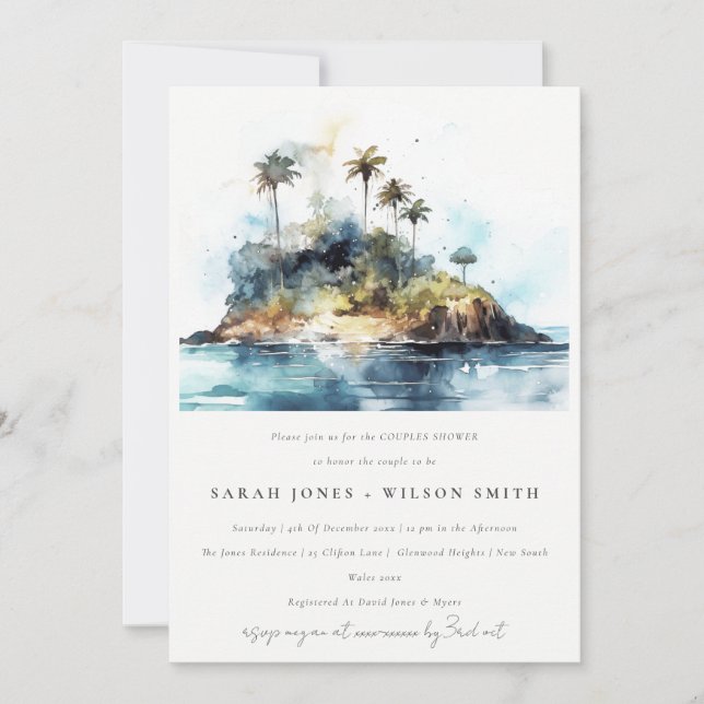 Elegant Seascape Palm Tree Island Couples Shower Invitation (Front)