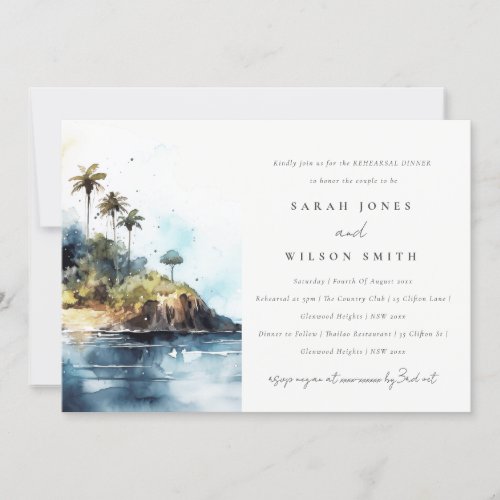 Elegant Seascape Palm Tree Island Rehearsal Dinner Invitation