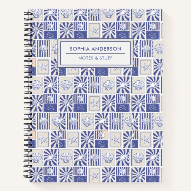 Elegant Seashell and Starfish Stamp Custom Spiral Notebook (Front)