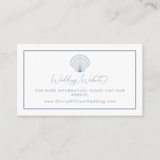 Elegant Seashell Beach Dusty Blue Wedding Website Enclosure Card (Front)