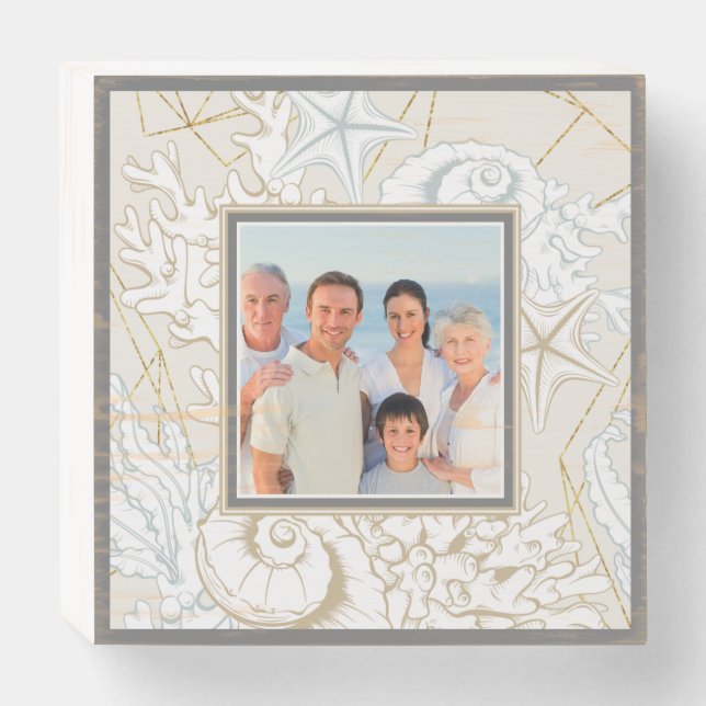 Elegant Seashell Beach Marine Personalized Photo Wooden Box Sign (Front Horizontal)