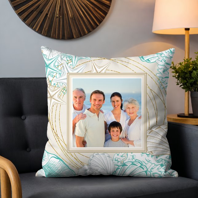 Elegant Seashell Beach Nautical Personalized Photo Throw Pillow (Creator Uploaded)