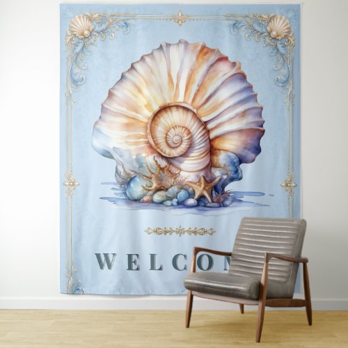Elegant seashell beach wedding welcome sign tapestry