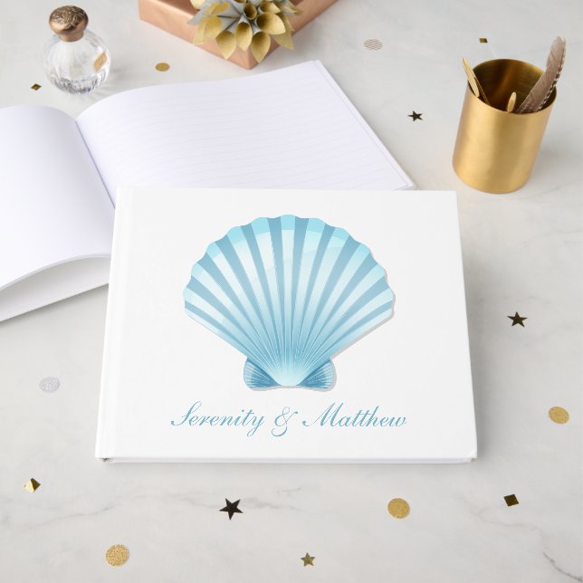 Elegant Seashell Blue Nautical Beach Wedding Guest Book (Front Open)