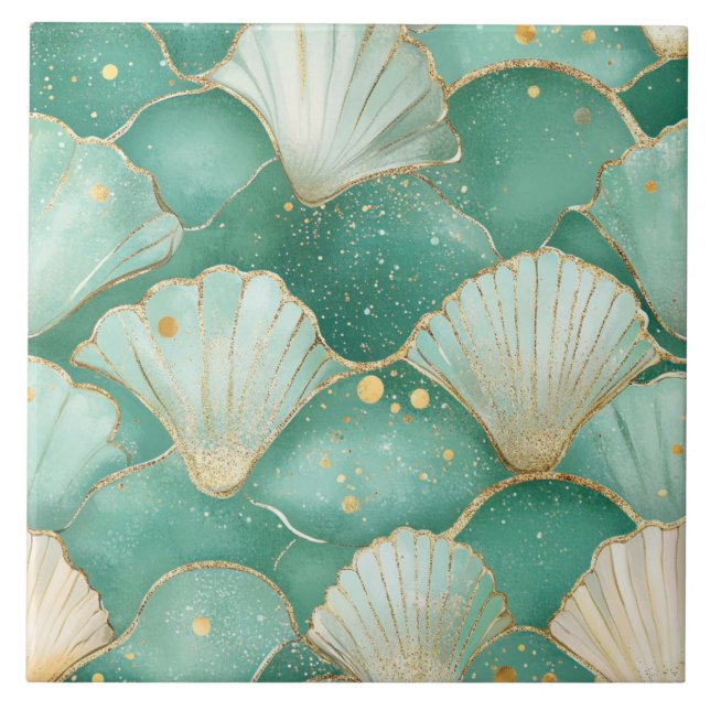 Elegant Seashell & Gold Coastal Seamless Ceramic Tile (Front)
