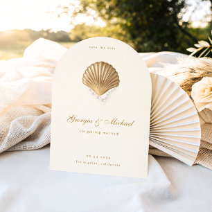 Elegant Seashell & Pearls Gold Coastal Wedding Save The Date