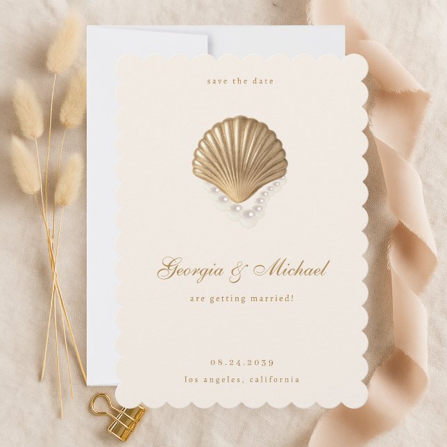 Elegant Seashell & Pearls Gold Coastal Wedding Save The Date (Creator Uploaded)