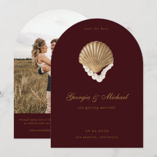 Elegant Seashell & Pearls Gold Coastal Wedding Save The Date