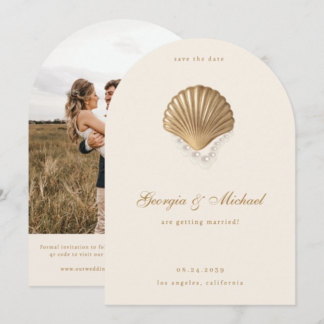 Elegant Seashell & Pearls Gold Coastal Wedding Save The Date (Front/Back)