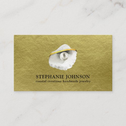 Elegant Seashell with Pearl on Textured Gold Business Card