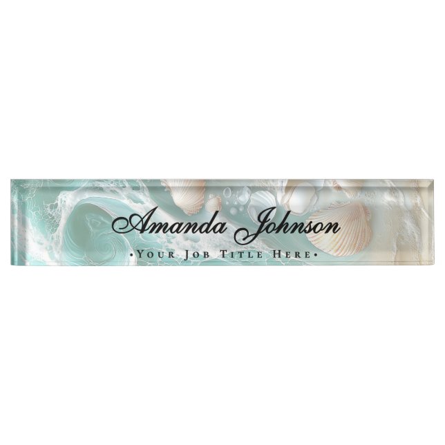 Elegant Seashells Beach Script Desk Name Plate (Front)