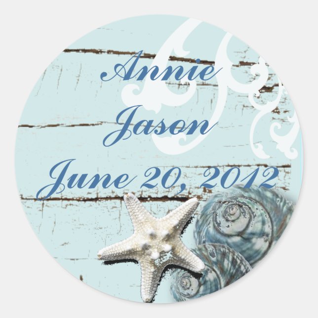 Elegant Seashells Beach Wedding Stationery Classic Round Sticker (Front)