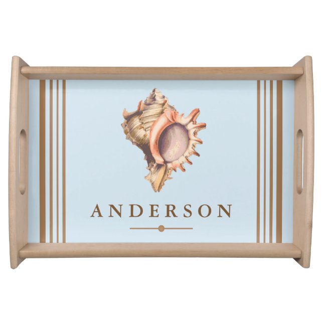 Elegant Seaside Conch Shell & Blue | Personalized Serving Tray (Front)