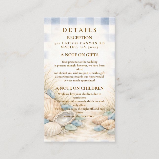 Elegant Seaside Shell Wedding Enclosure Card (Front)
