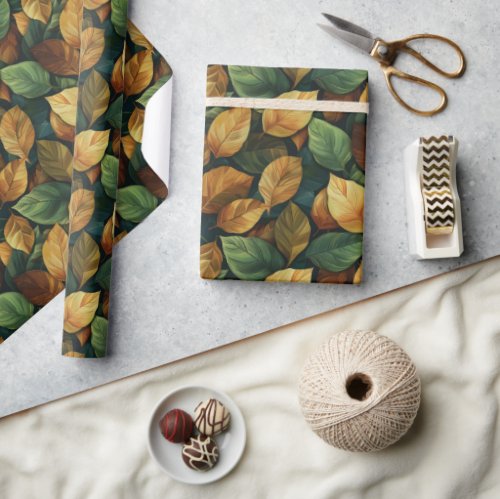 Elegant seasonal green yellow orange fall leaves wrapping paper