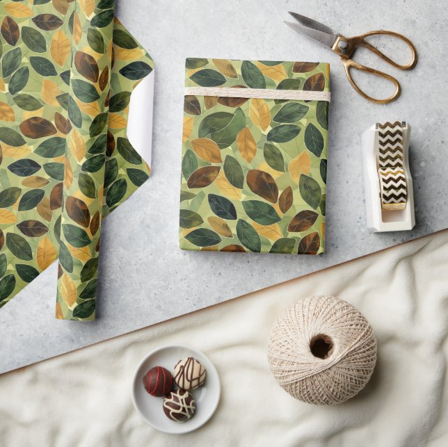 Elegant seasonal green yellow orange fall leaves wrapping paper (Crafts)