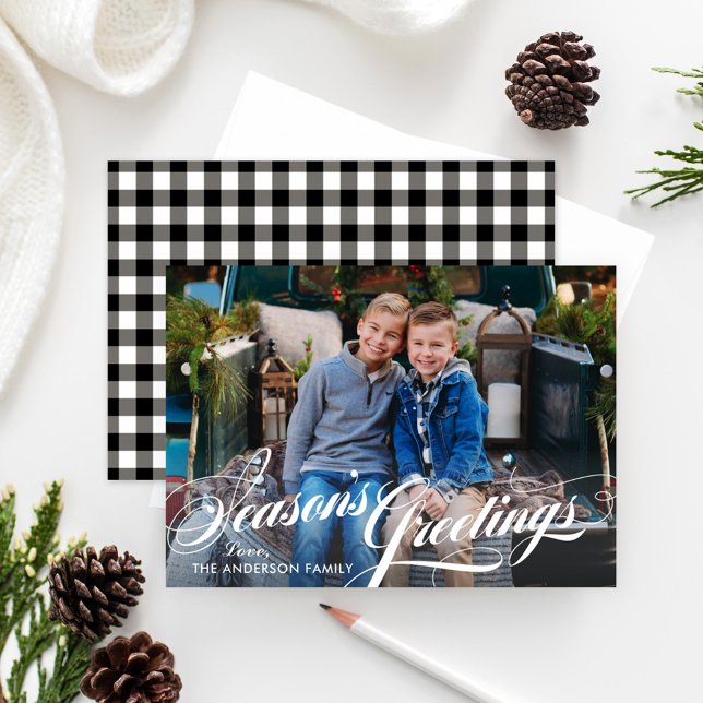 Elegant Seasons Greetings Calligraphy Photo Gingha Holiday Card (Creator Uploaded)