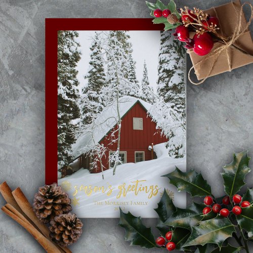 Elegant Seasons Greetings Snowflakes Photo  Foil Holiday Card